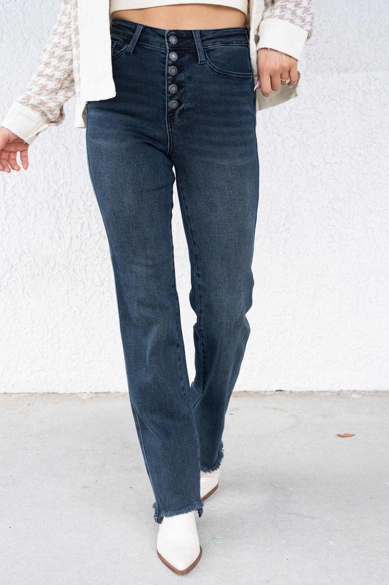 Button Up Buttercup By Judy Blue - High Rise Button Fly Hem Destroy Straight Jeans