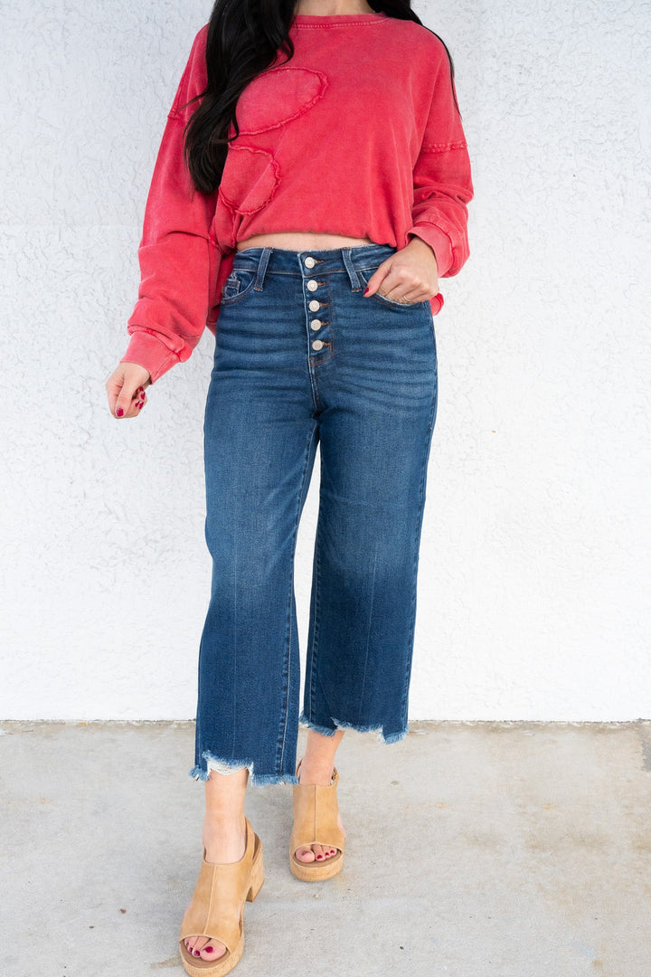 FanFest By Judy Blue - High Rise Button Fly Crop Wide Leg Jeans