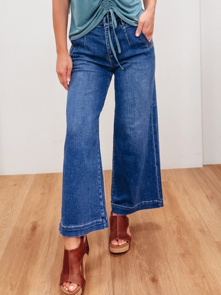 The Retro Babe By Risen - Mid Rise Tummy Control Wide Leg Jeans- Dark