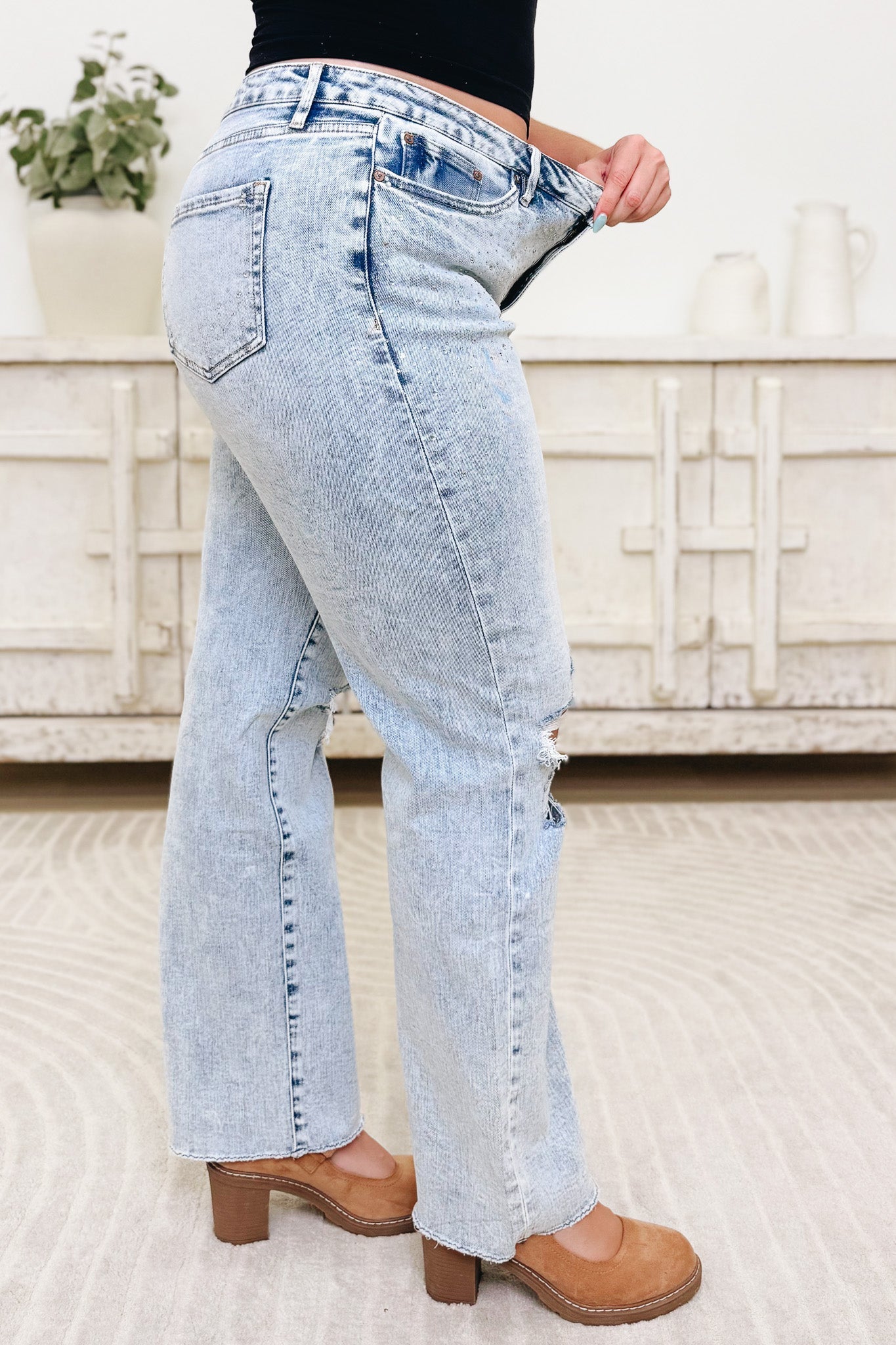 Shimmer Down Now By Mica - Mid Rise Distressed Embellished Jeans