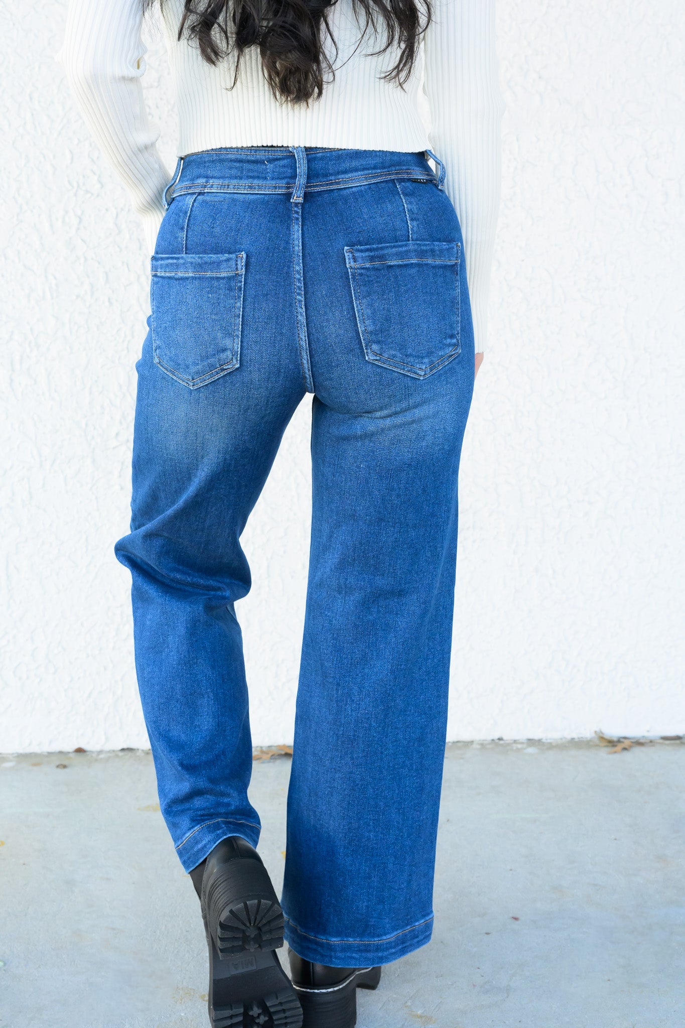 Hips Don't Lie By Risen - High Rise Tummy Control Crop Wide Leg Jeans- Dark