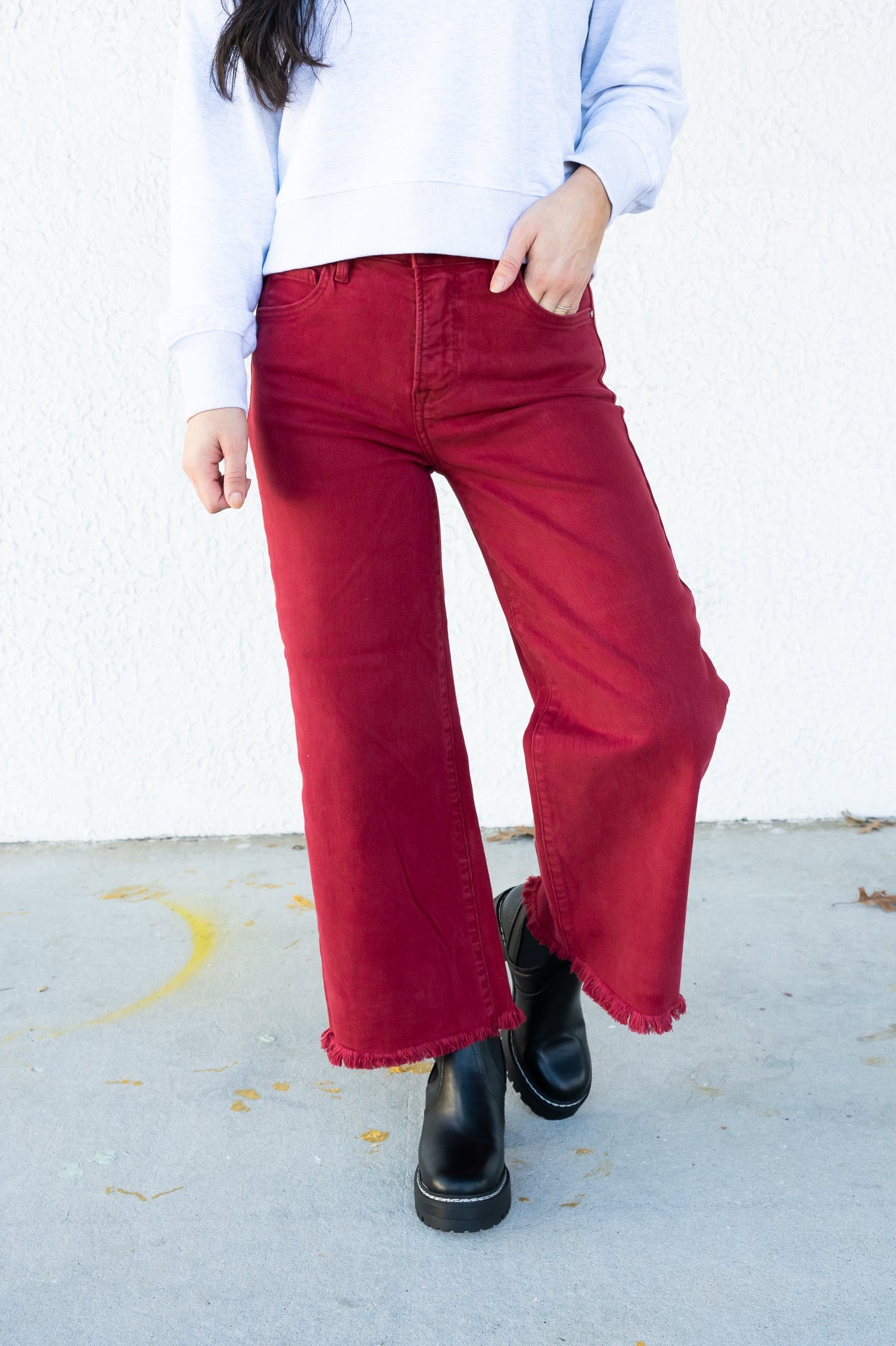 Pass The Wine By Risen - High Rise Tummy Control Crop Wide Leg Pants - Wine