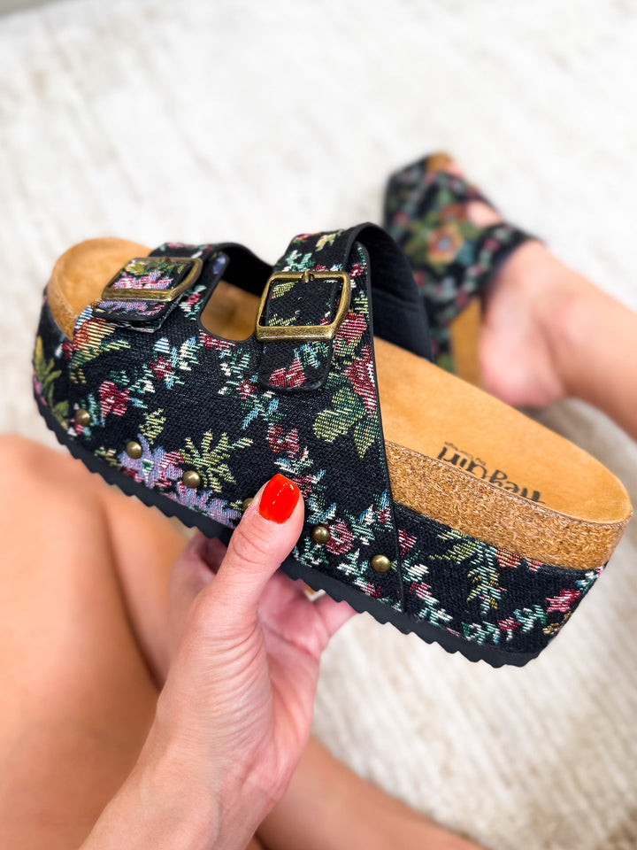Corky's Wannabe Platform Sandals - Black Brocade Floral