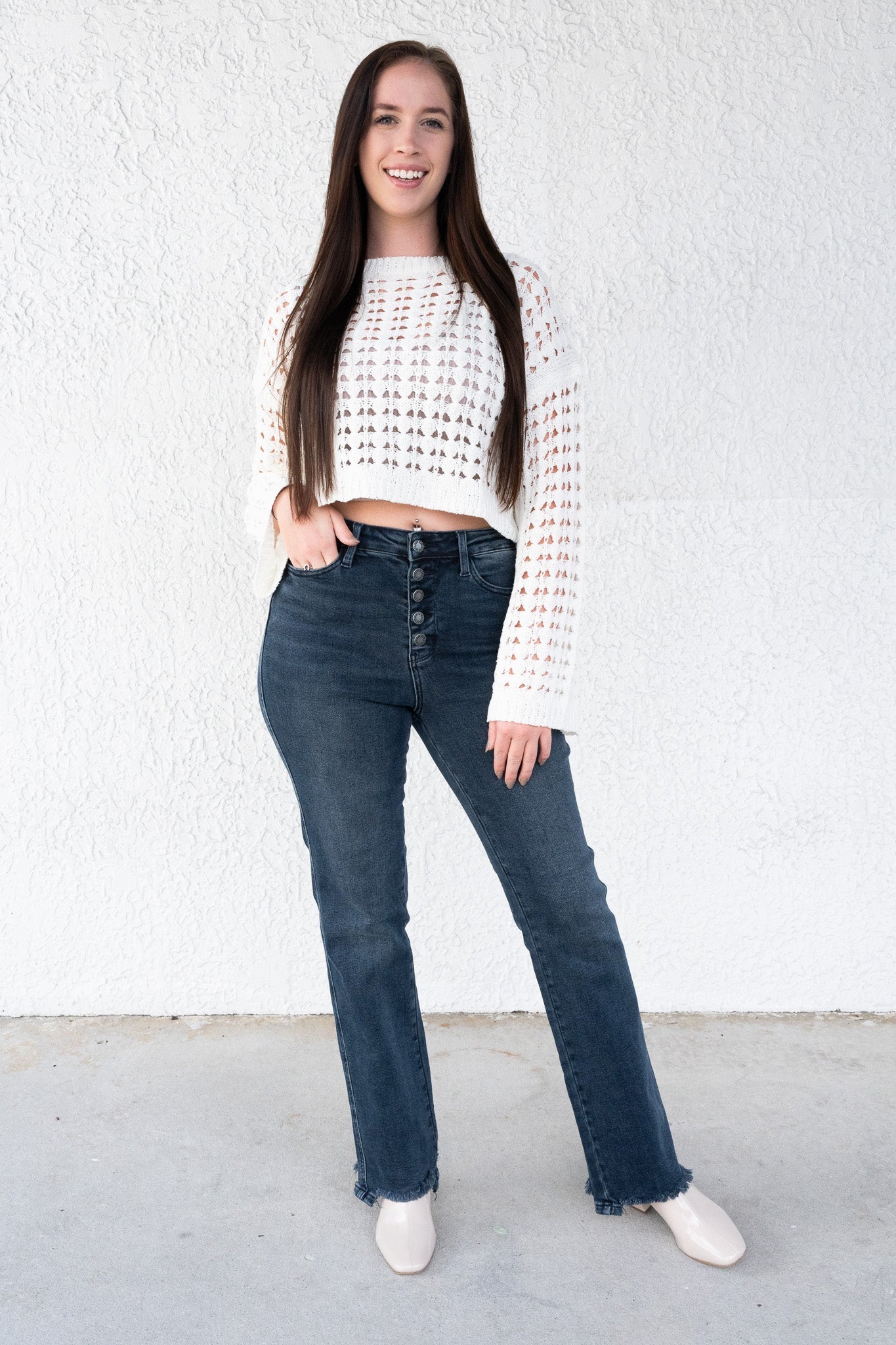 Button Up Buttercup By Judy Blue - High Rise Button Fly Hem Destroy Straight Jeans