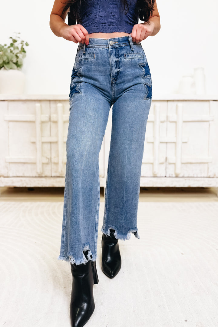 Lucky Star By Saige Denim - High Rise Wide Leg Star Jeans - Medium Light