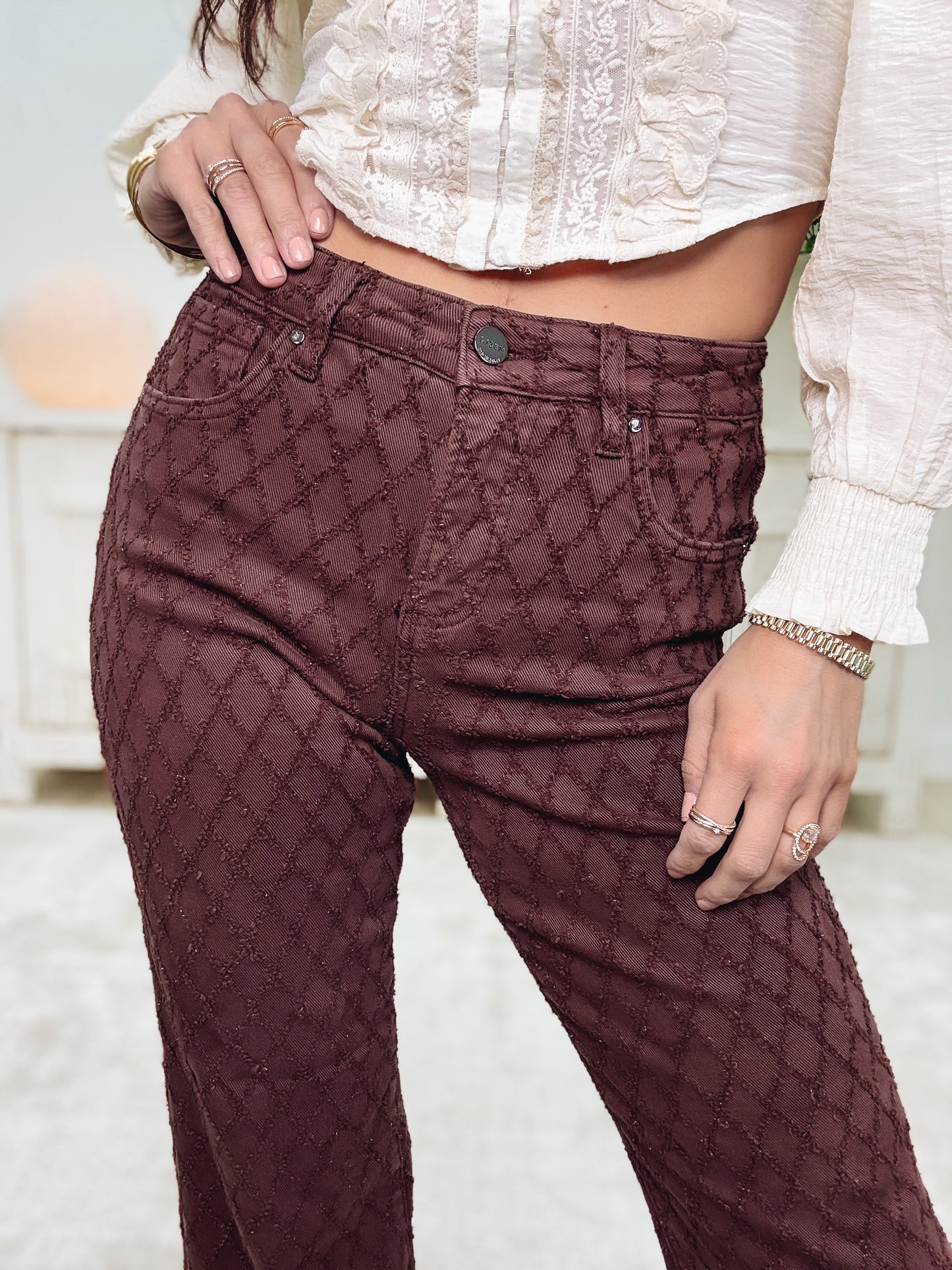 Honey Crush By Risen - High Rise Tummy Control Straight Jeans - Choco Brown