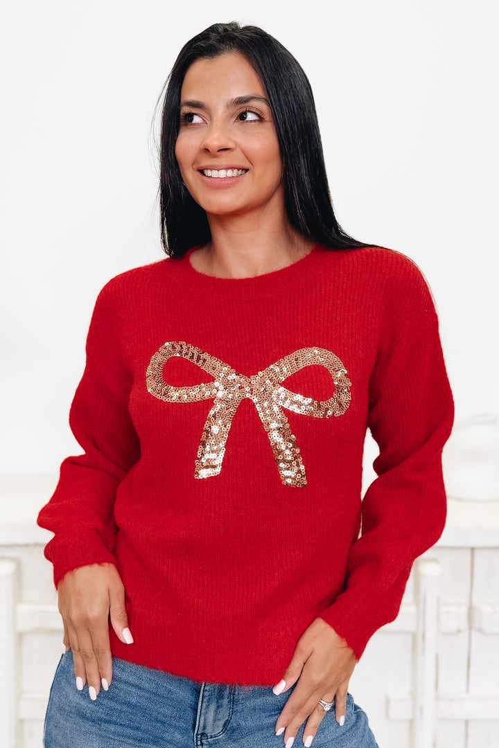 Most Wonderful Time Sequin Bow Sweater - Red Gold