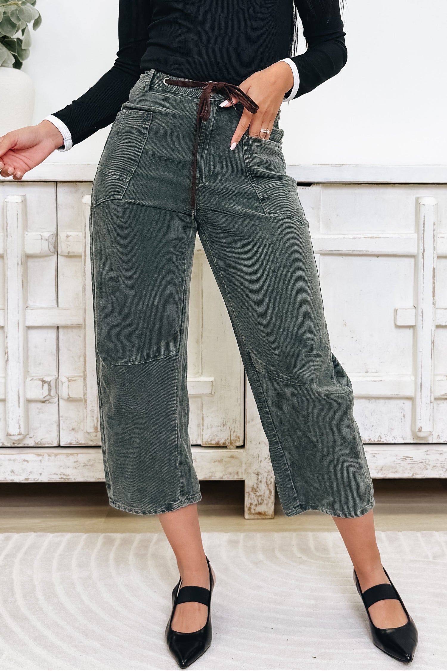 EverEase Mid Rise Washed Corduroy Barrel Jeans - Olive