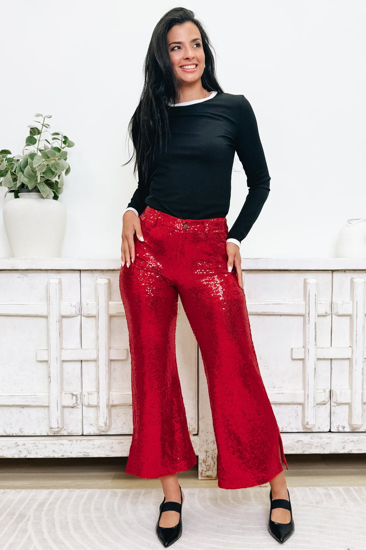 Tis' The Season Mid Rise Flare Pants - Red