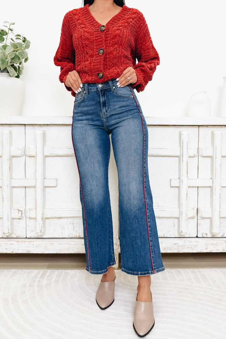 Let's Ride Wide Leg Jeans with Red Piping Detail