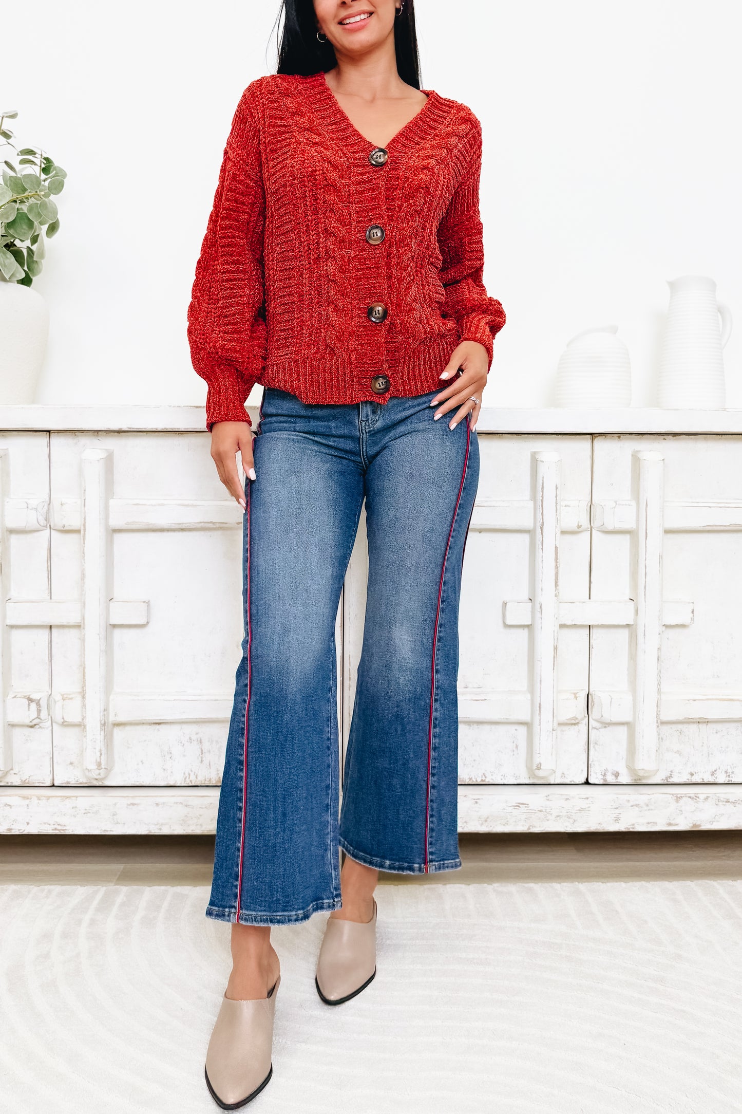 Let's Ride Wide Leg Jeans with Red Piping Detail
