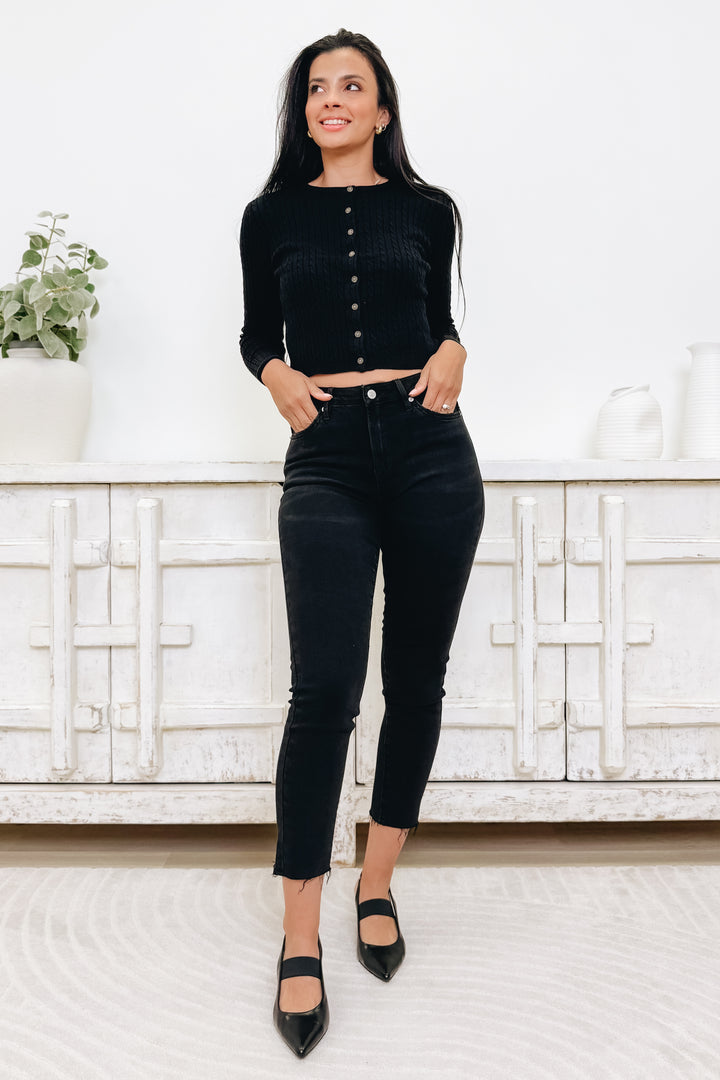 Polished & Poised By Mica - High Rise Raw Hem Skinny Jeans - Electric Black