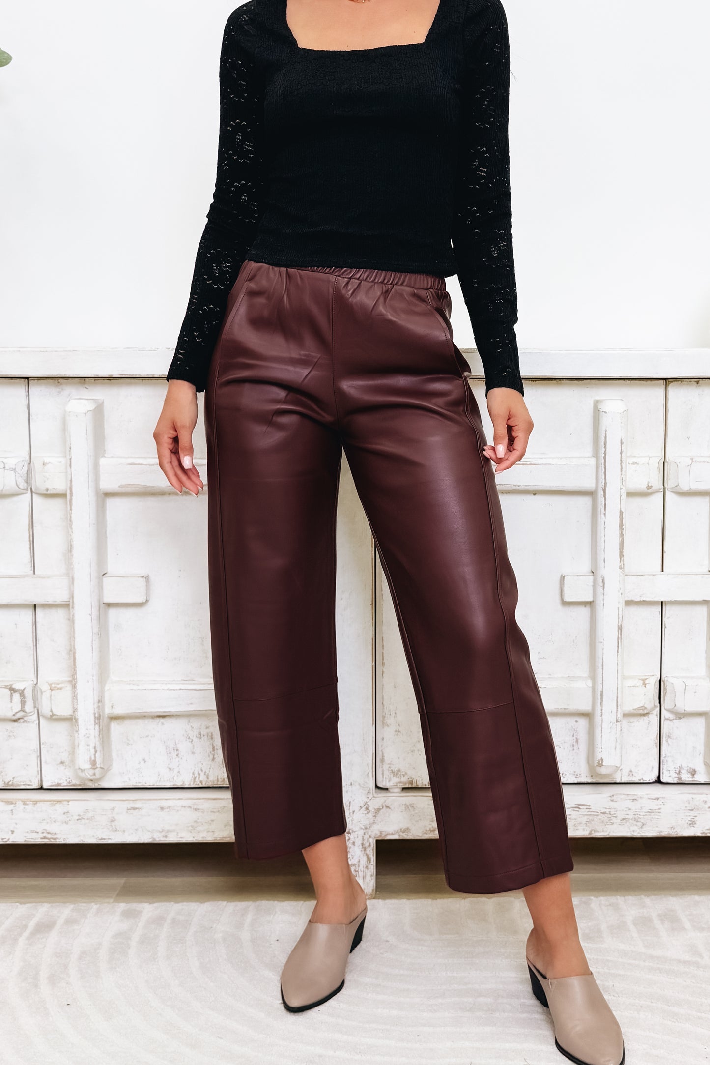Fierce Factor Faux Leather Wide Leg Pants - Wine