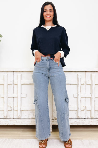 Celebrate With You By Mica - High Rise Wide Leg Cargo Pants - Clean Sapphire