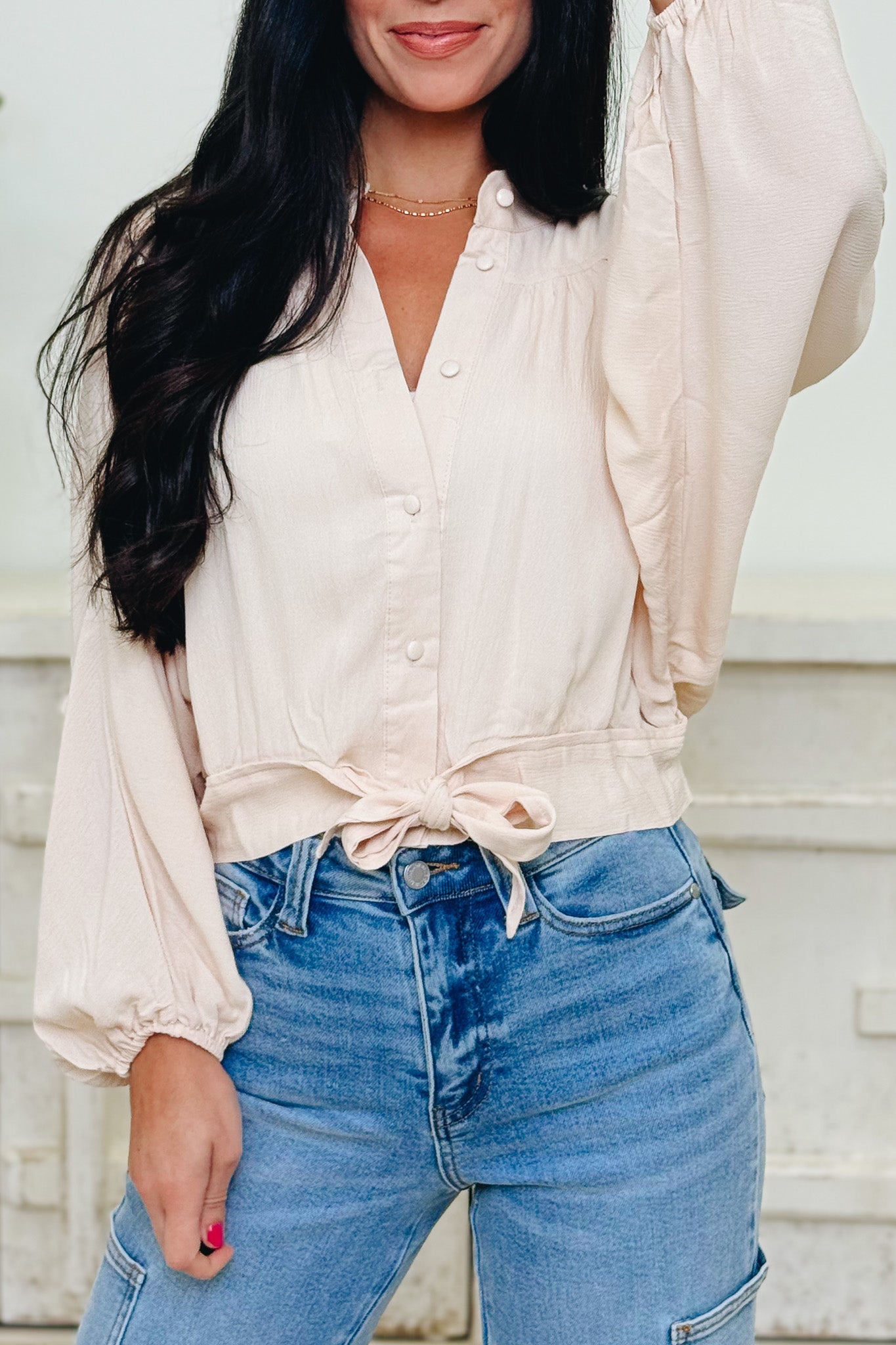Tied Up & Buttoned Down Top - Nude