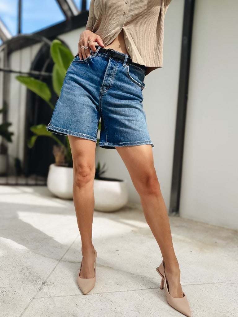 Summer Splash By Mica - High Rise Button Down Bermuda Shorts - Dark Blue