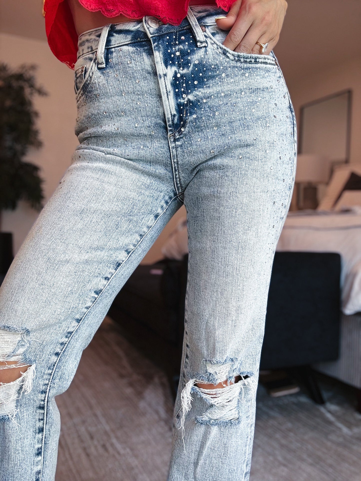 Shimmer Down Now By Mica - Mid Rise Distressed Embellished Jeans