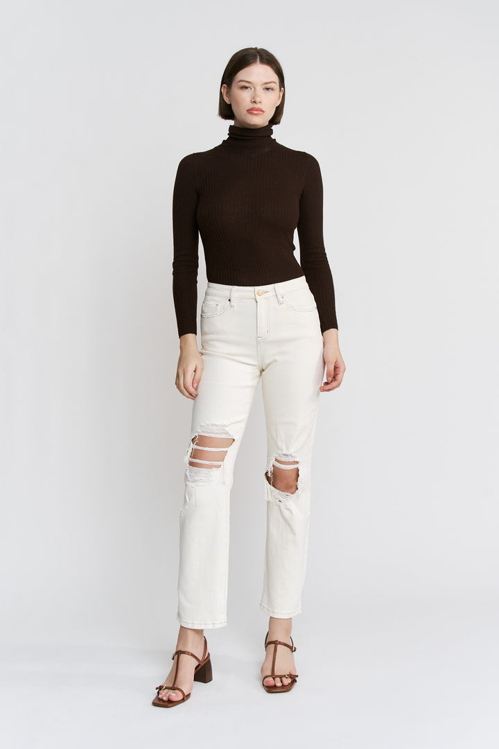 Sweet Like Sugar By Mica - High Rise Distressed Dad Jeans - Soft Beige