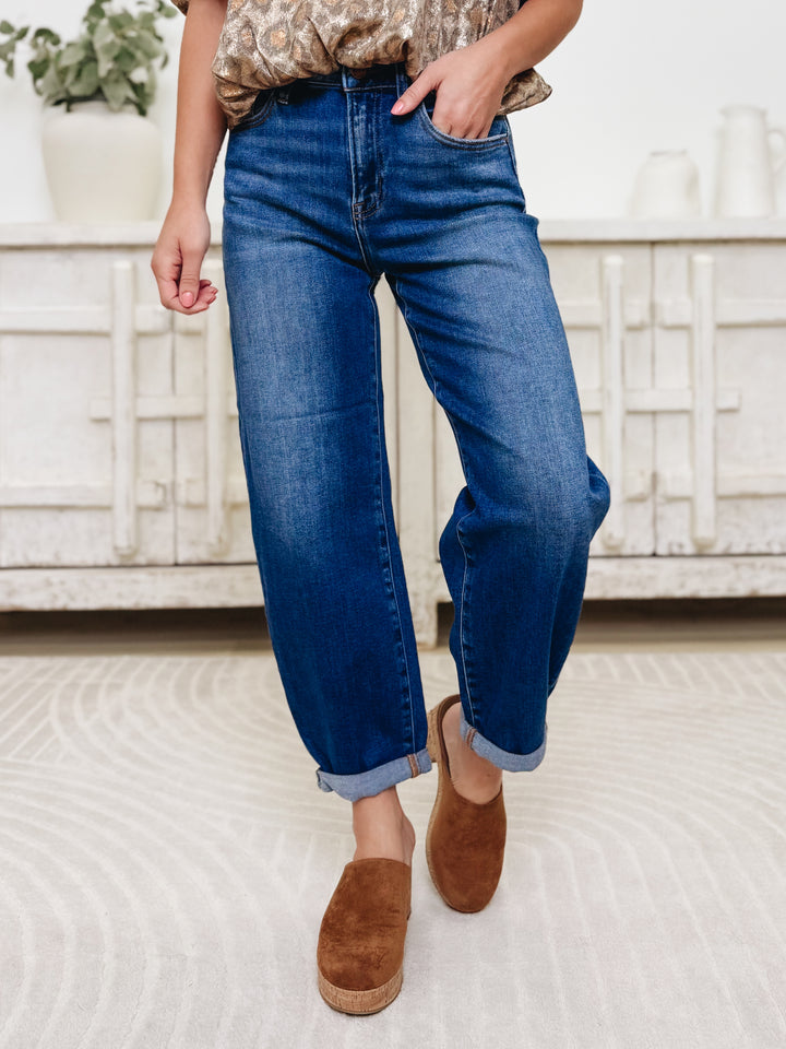 The Easy Roll By Risen - High Rise Crop Mild Barrel Jeans - Dark