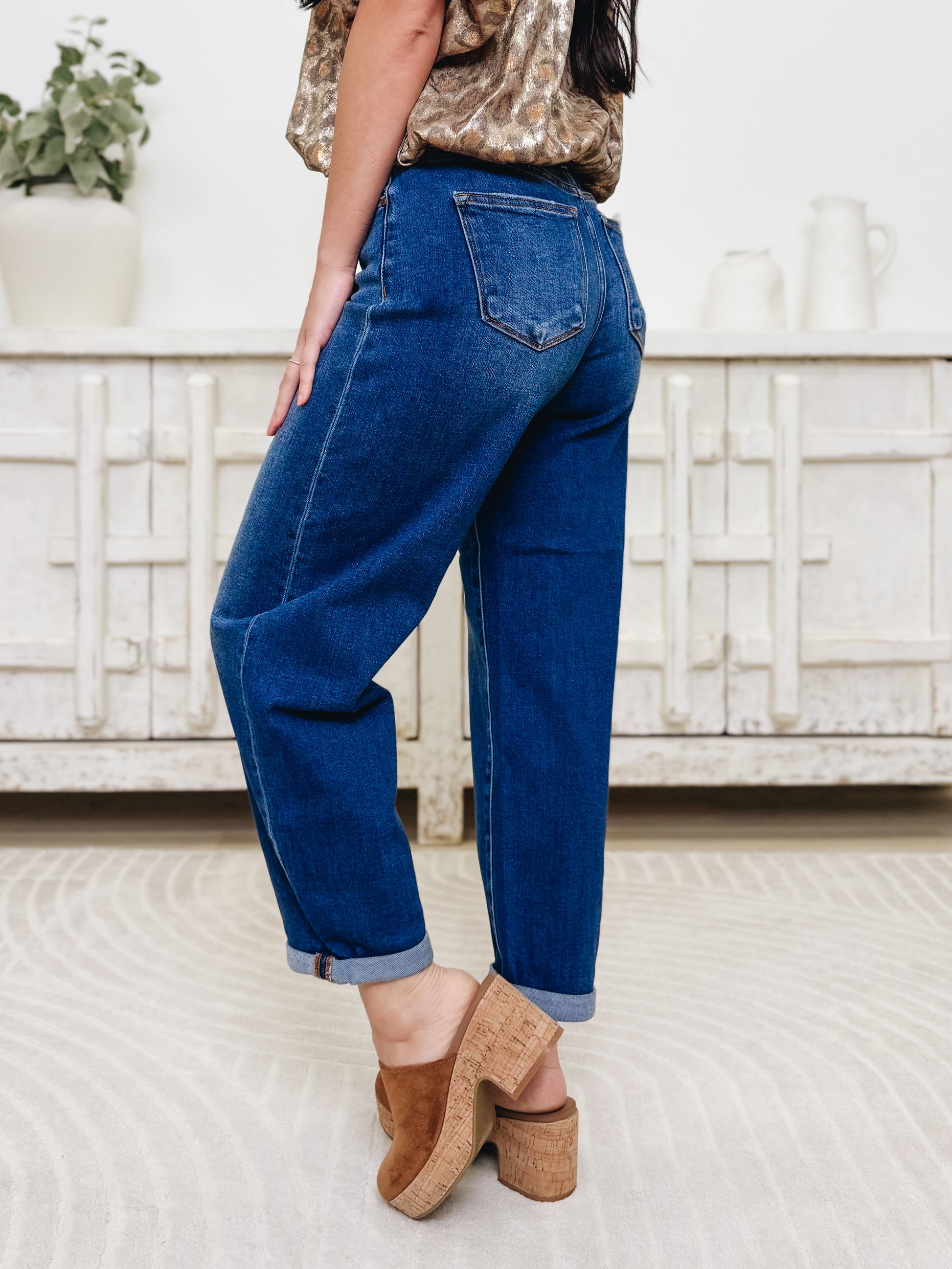 The Easy Roll By Risen - High Rise Crop Mild Barrel Jeans - Dark