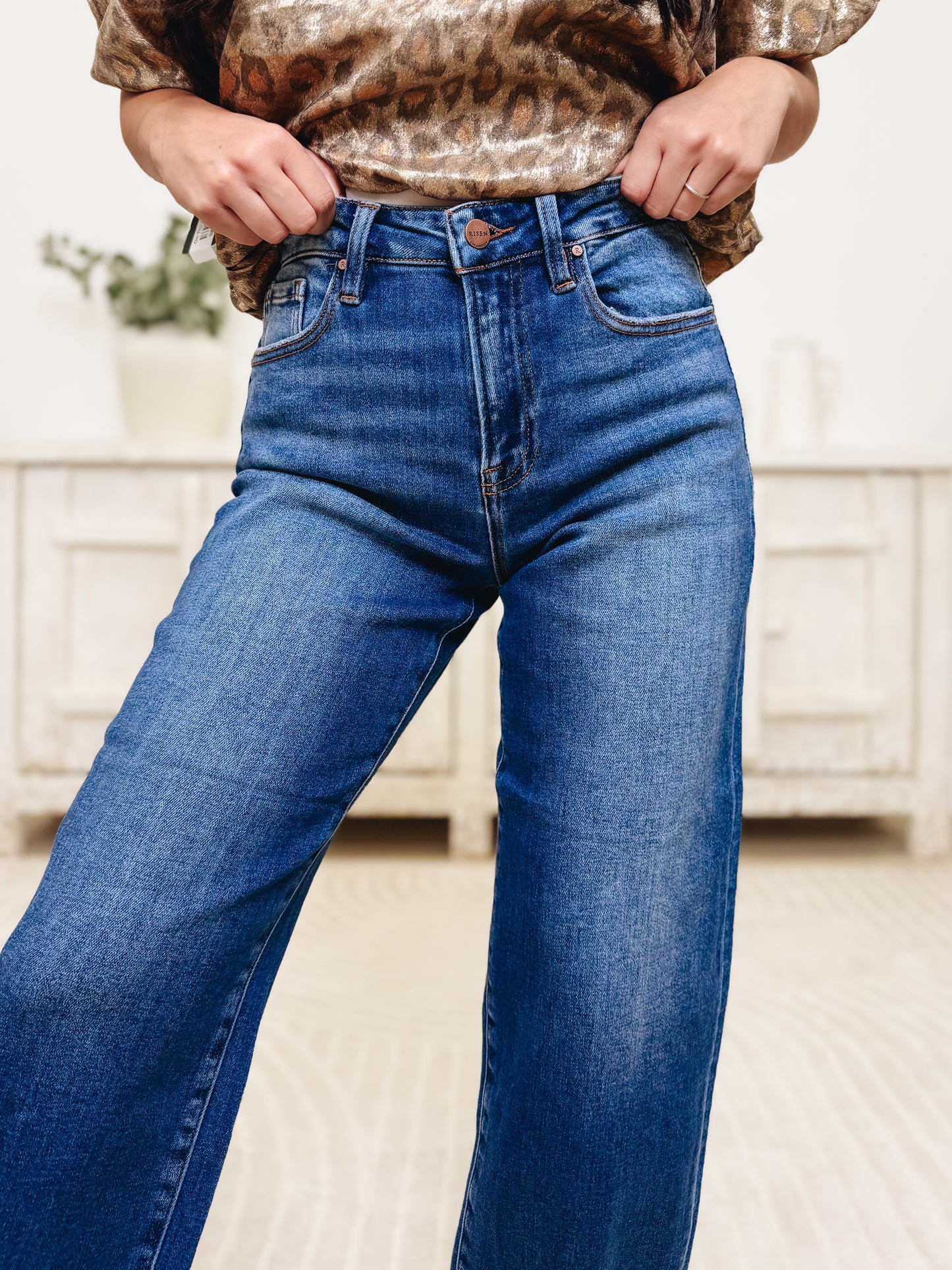 The Easy Roll By Risen - High Rise Crop Mild Barrel Jeans - Dark