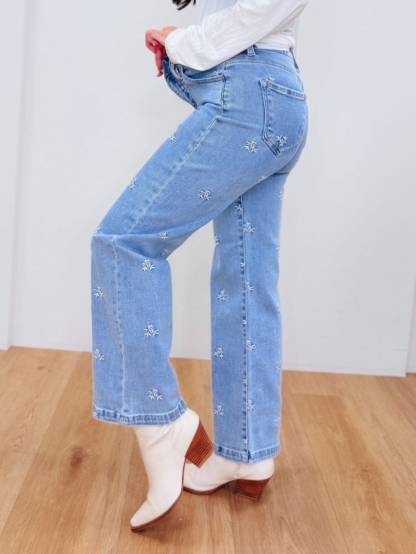 The Dreamer By Risen - High Rise Wide Leg Embroidered Jeans-Light