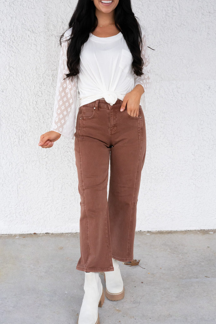 Espresso Yourself By Risen - High Rise Crop Wide Barrel Pants - Espresso