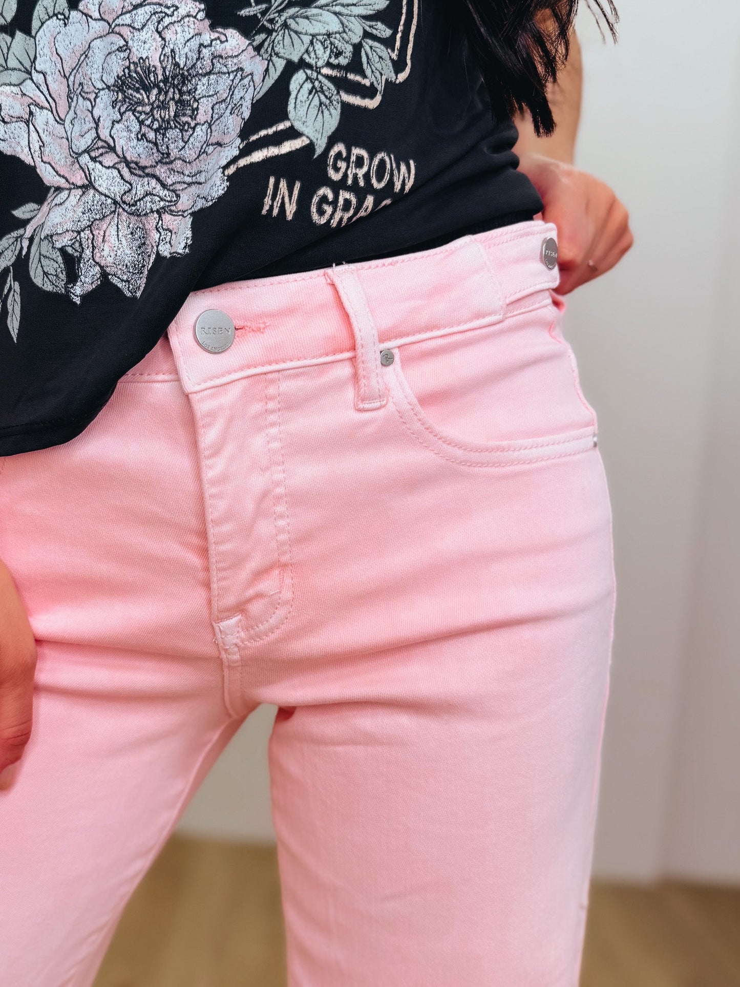 Clocked In By Risen - Mid Rise Tummy Control Adjustable Waistband Jeans - Soft Pink