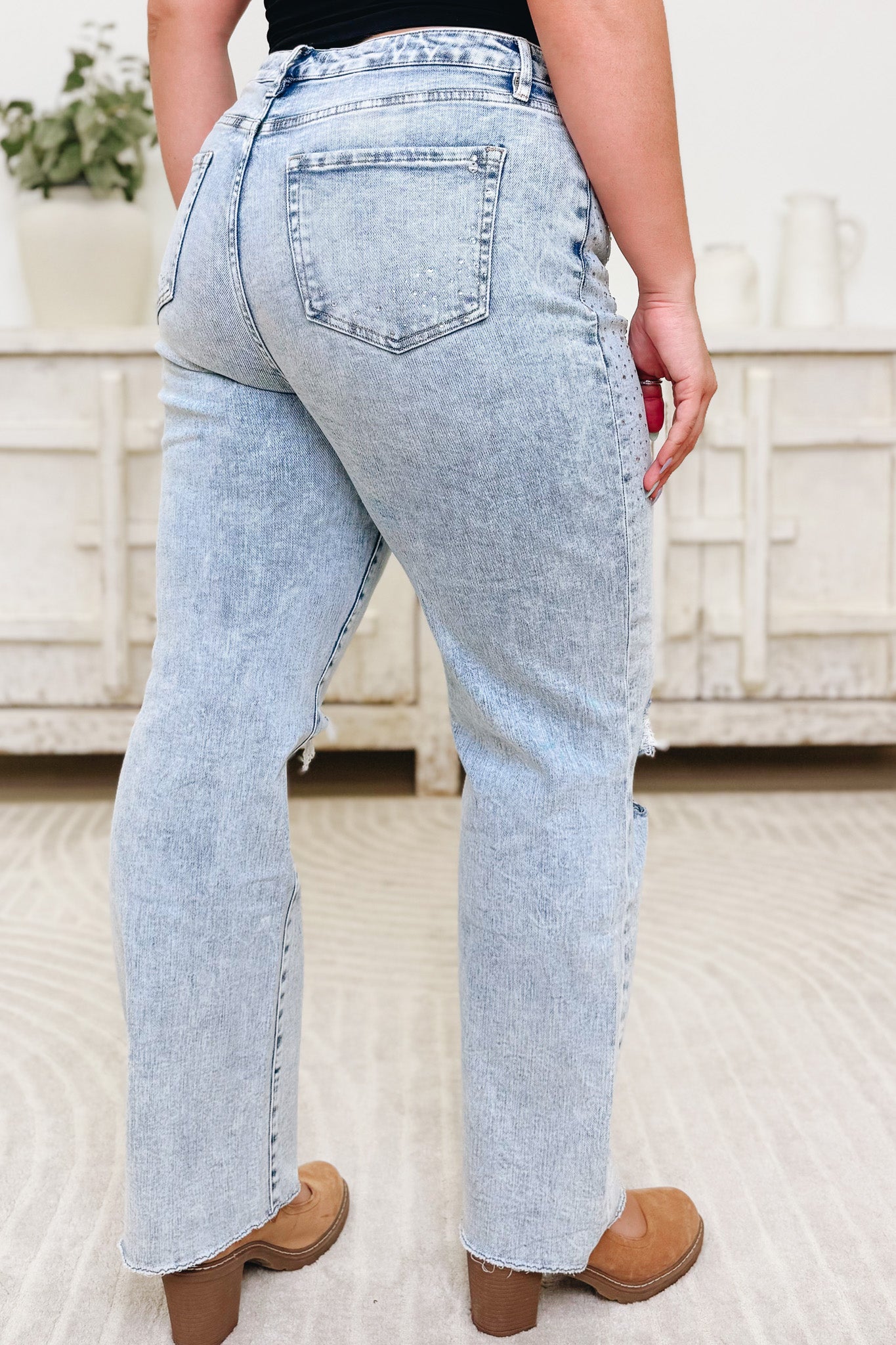 Shimmer Down Now By Mica - Mid Rise Distressed Embellished Jeans