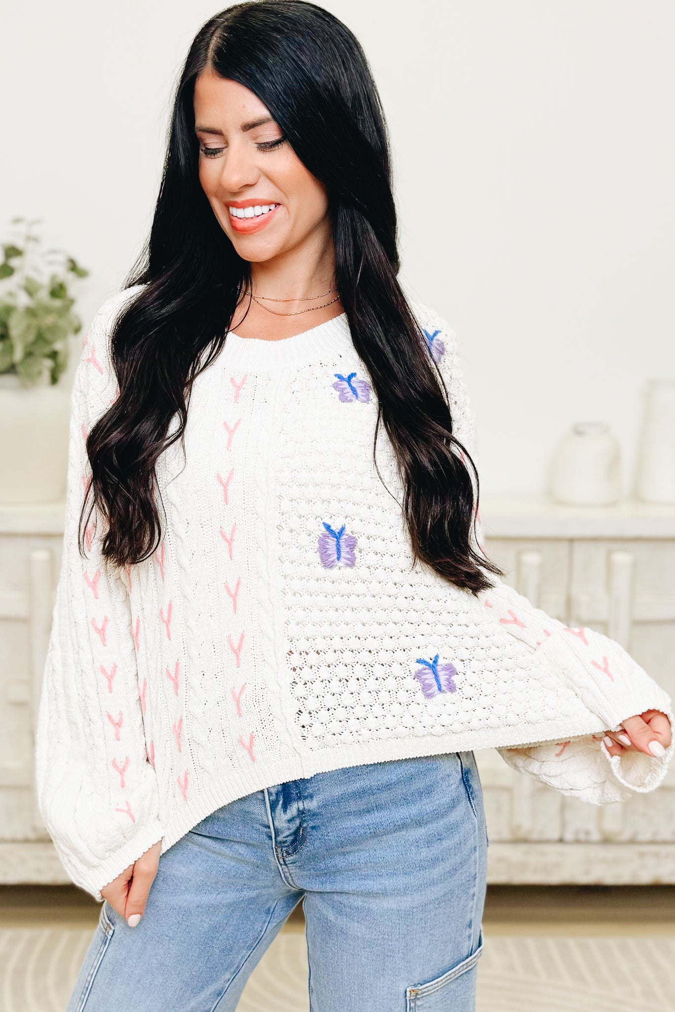 Carefree Crochet Sweater Top - Powder Cream
