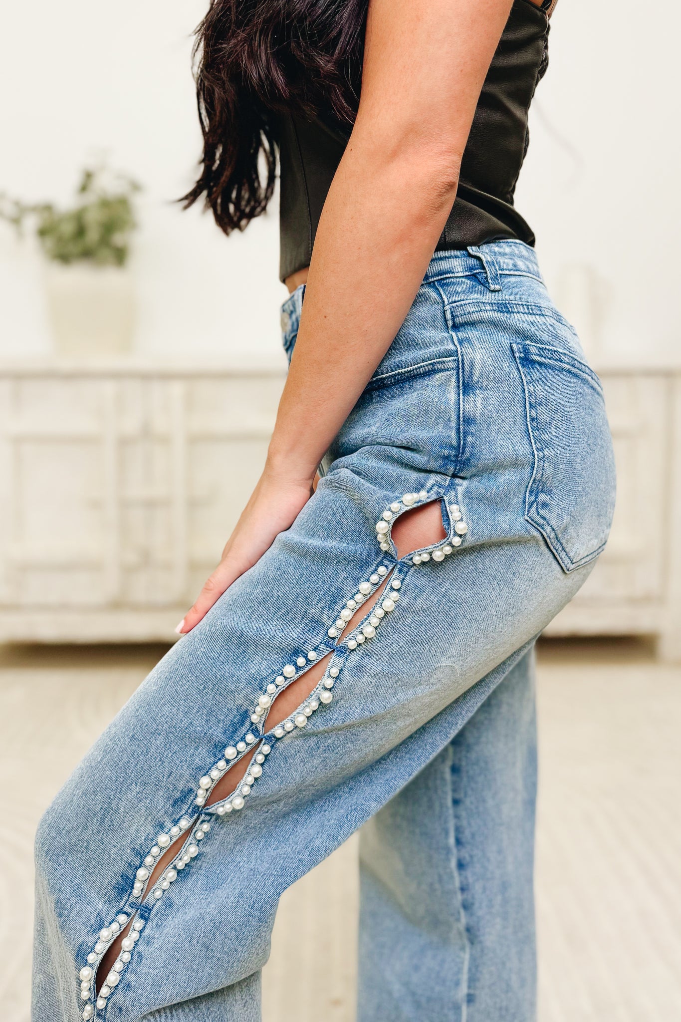 Pearl Pop By Blue B. - Mid Rise Pearl Embellished Straight Leg Jeans - Medium Wash