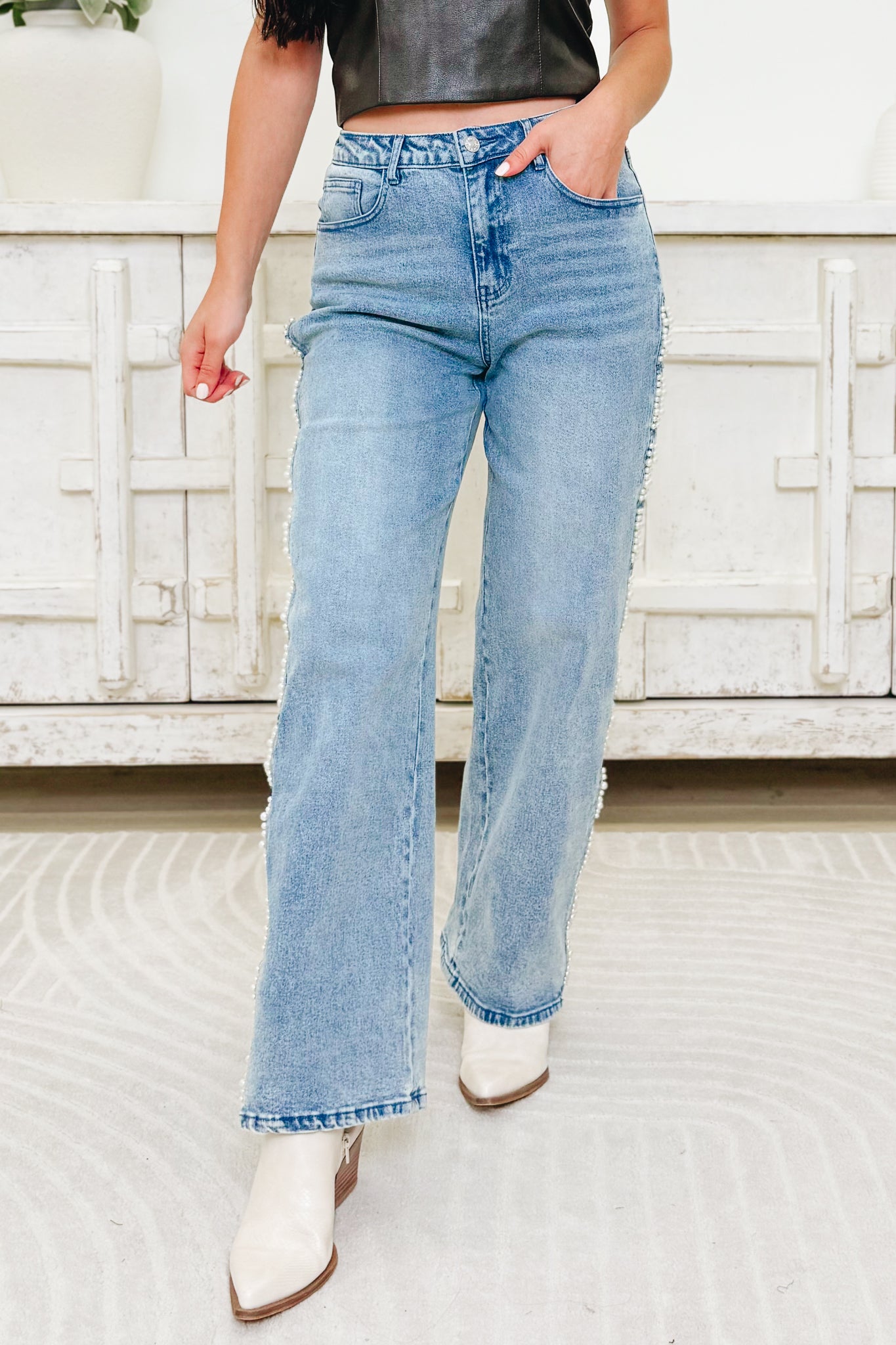 Pearl Pop By Blue B. - Mid Rise Pearl Embellished Straight Leg Jeans - Medium Wash