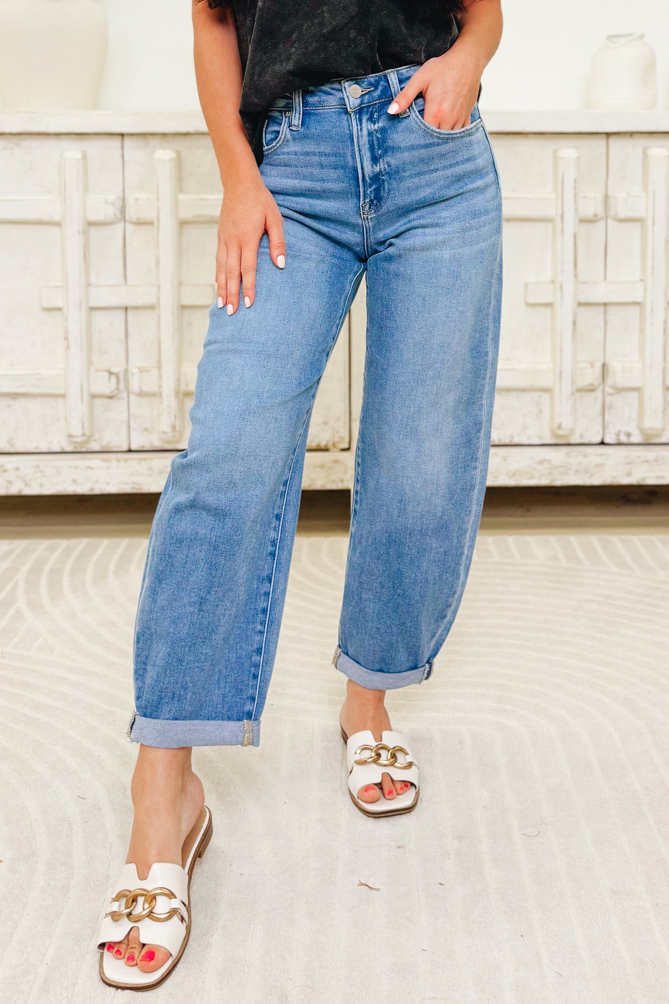 The Easy Roll By Risen - High Rise Crop Mild Barrel Jeans - Medium
