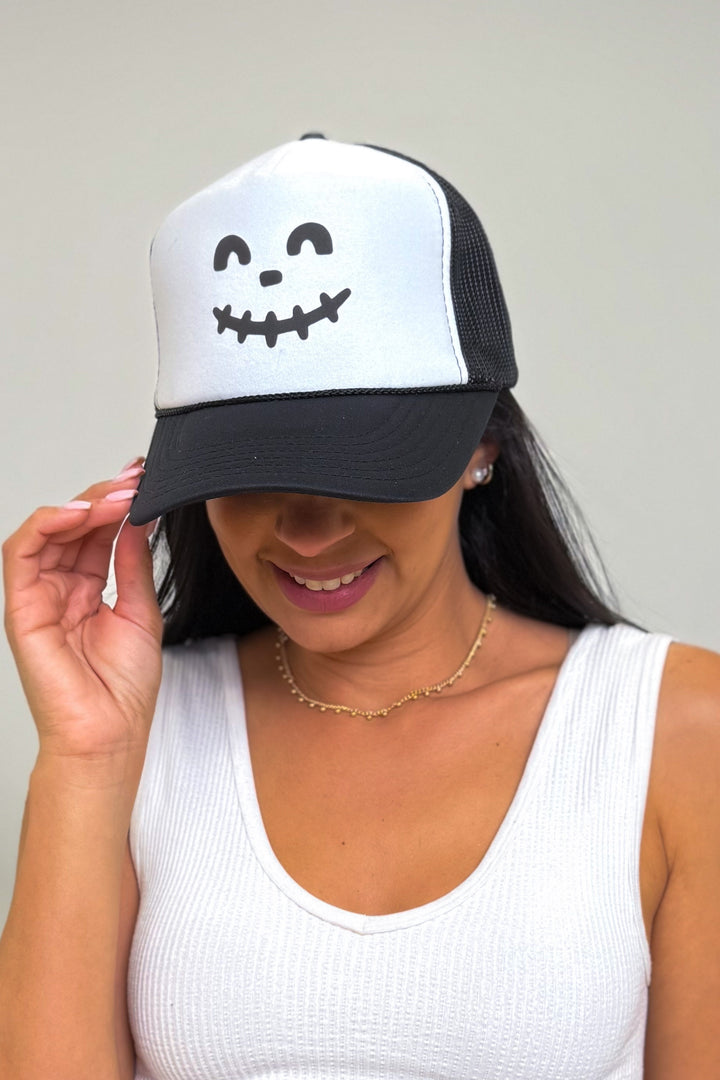Southern Bliss Smiley Skelly Trucker Hat - White Black