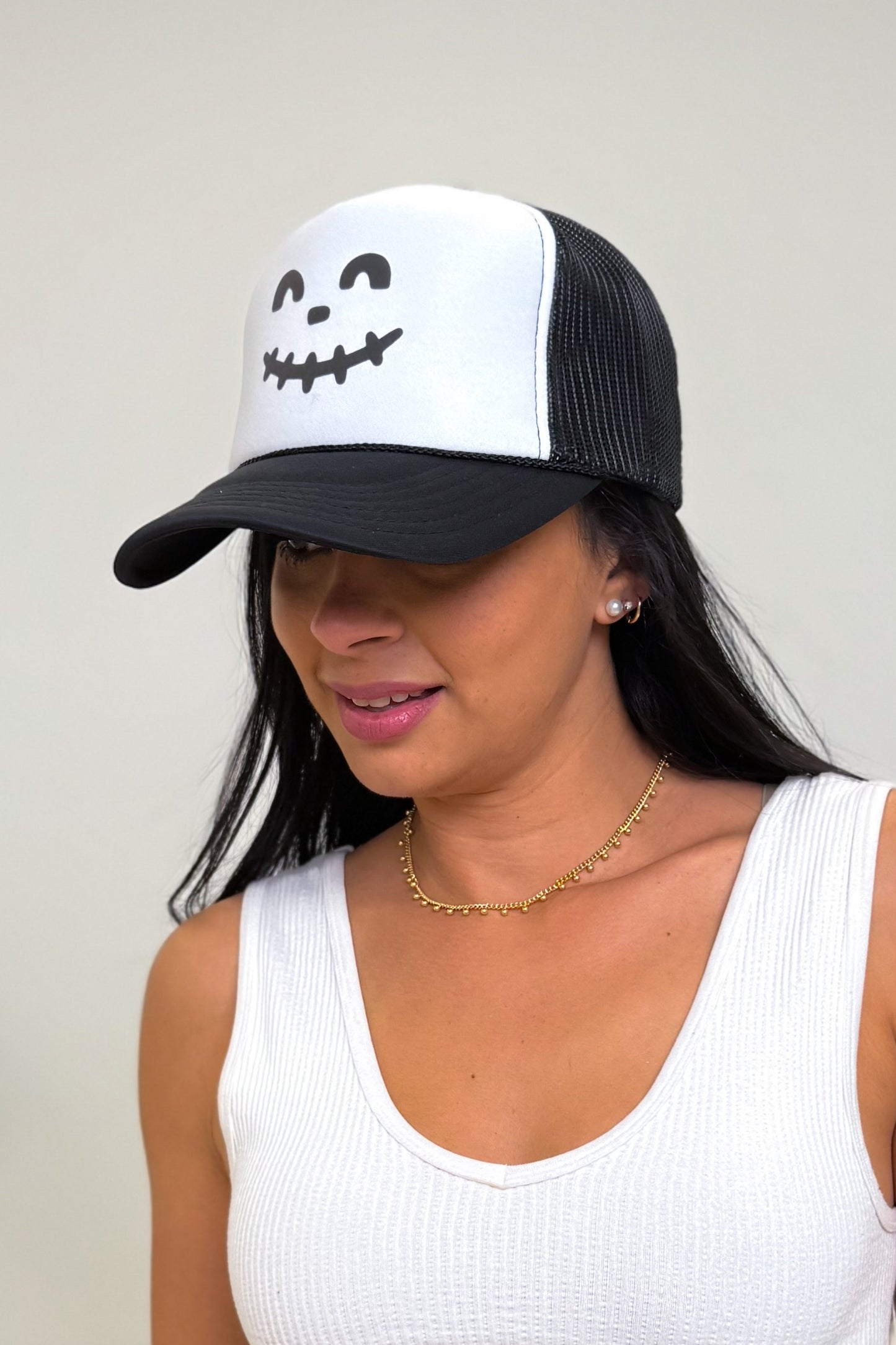 Southern Bliss Smiley Skelly Trucker Hat - White Black