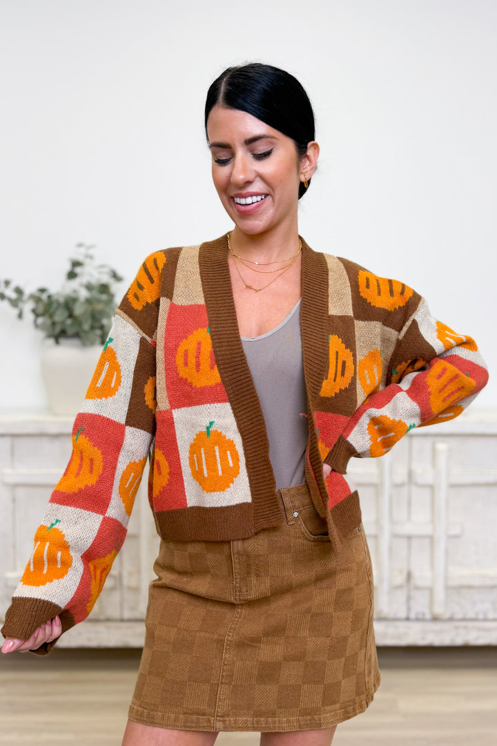 Giving Thanks Pumpkin Checkered Sweater Cardigan
