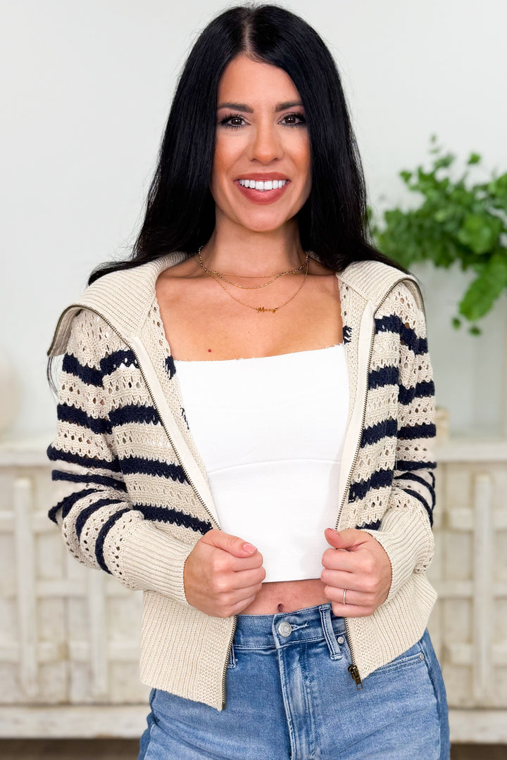 Zip It Swag It Striped Sweater Jacket - Oat