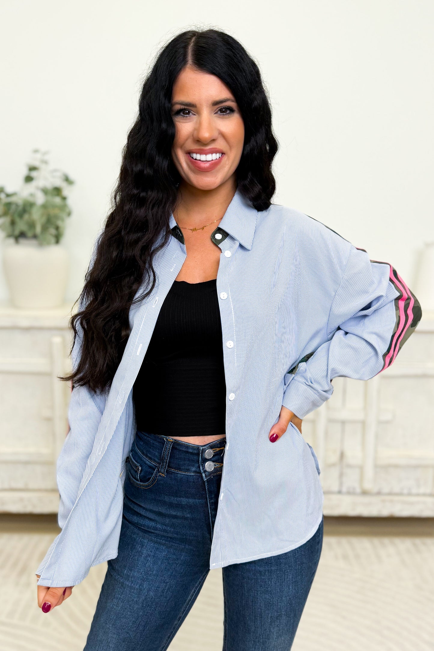 Undercover Vibes Pin Stripe Camo Button Down