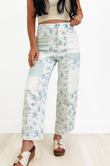 The Right Choice Floral Barrel Denim Pants - Light Aqua