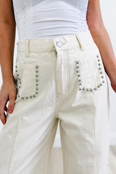 Rodeo Queen By POL - Rhinestone Wide Leg Jeans - Cream