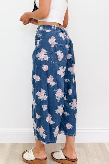 Floral Perspective Wide Leg Pants - Denim Blue