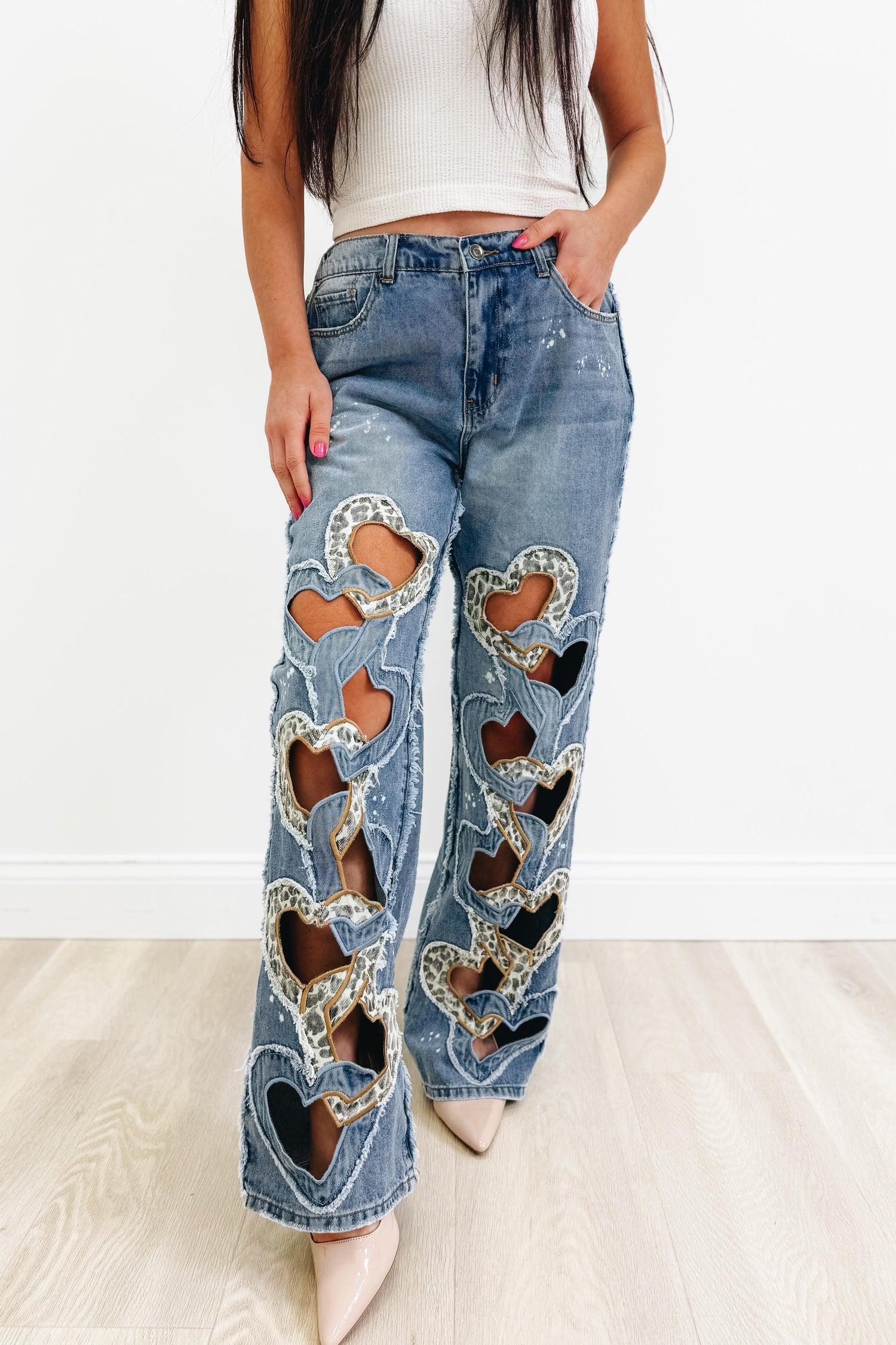 Too Cute To Handle Heart Cut Out Jeans - Denim