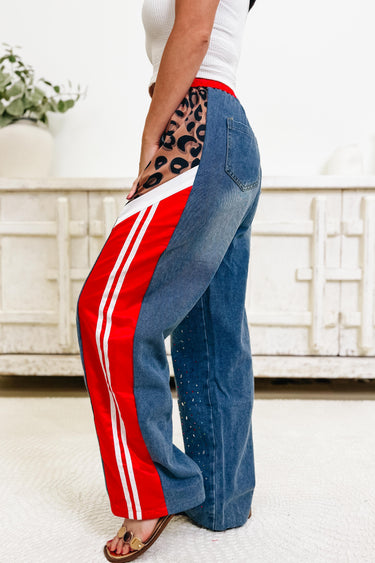 On Your Mark Leopard Pants - Red Denim Blue