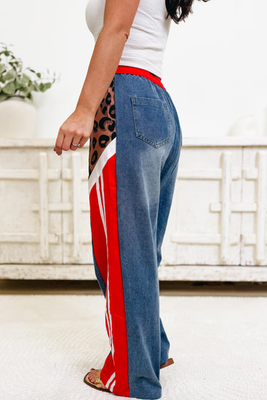 On Your Mark Leopard Pants - Red Denim Blue