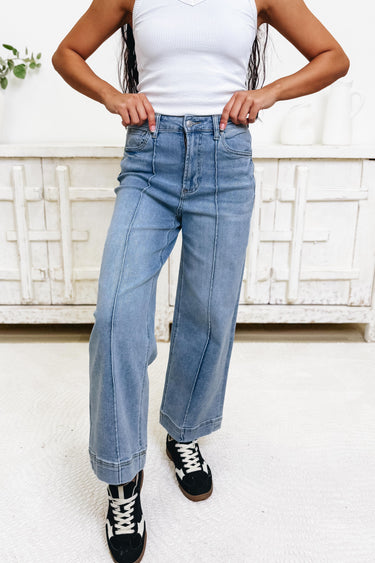 Sleek & Repeat By Zenana - Wide Leg Pintuck Jeans - Light