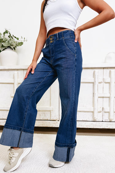 Always On Time Cuffed Wide Leg Jeans - Denim