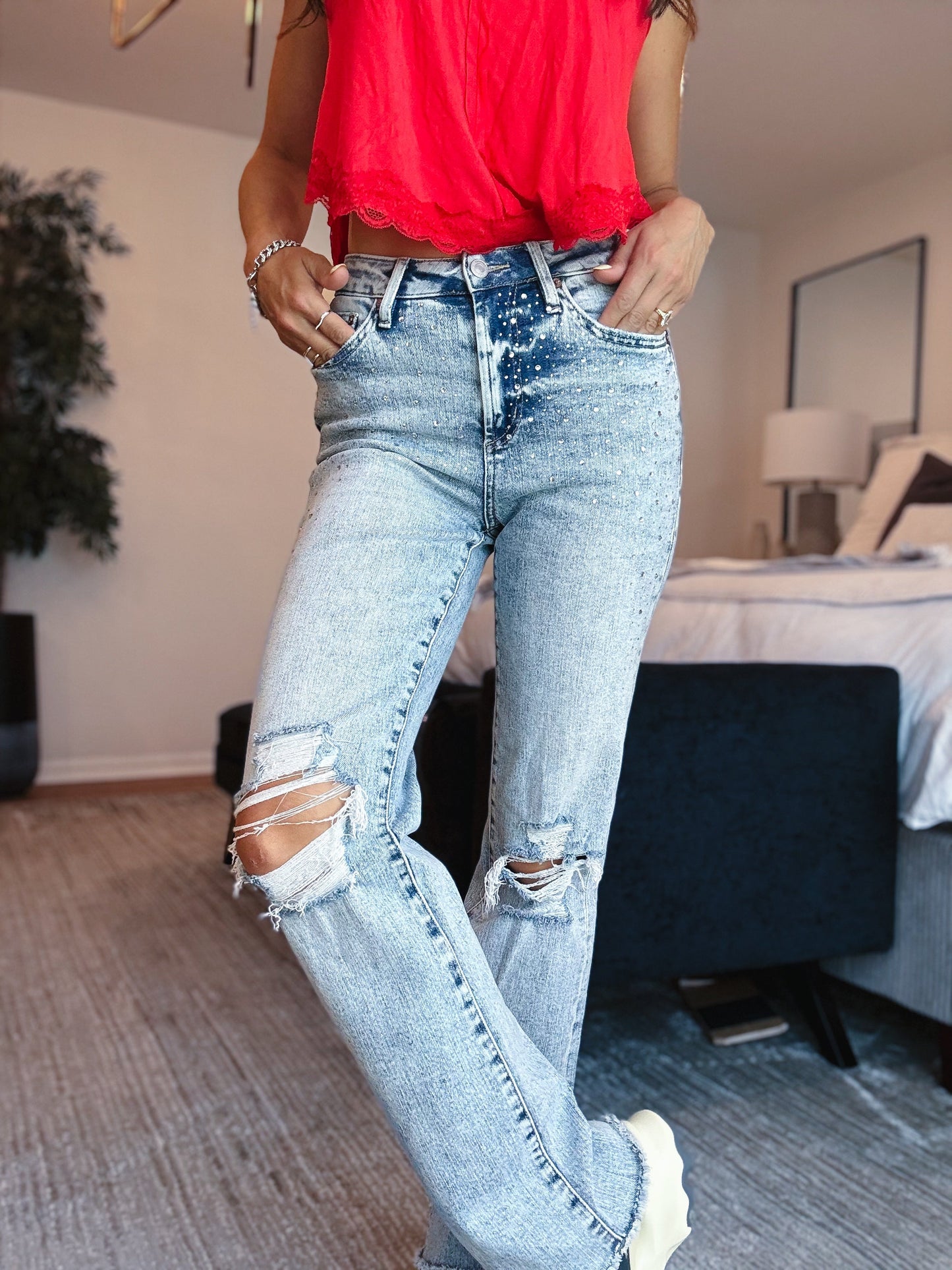 Shimmer Down Now By Mica - Mid Rise Distressed Embellished Jeans