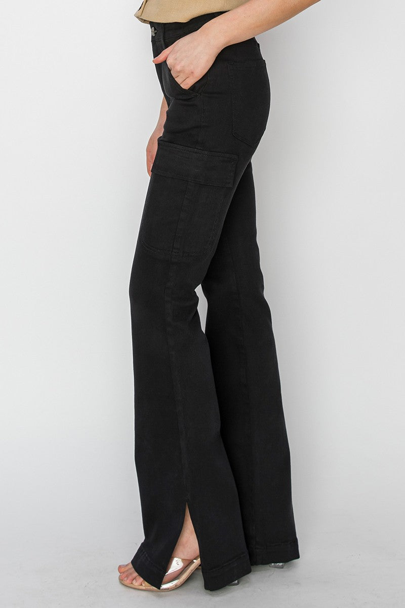 The Perfect Cargo Jeans By Risen - High Rise Cargo Slit Hem Bootcut Jeans - Black