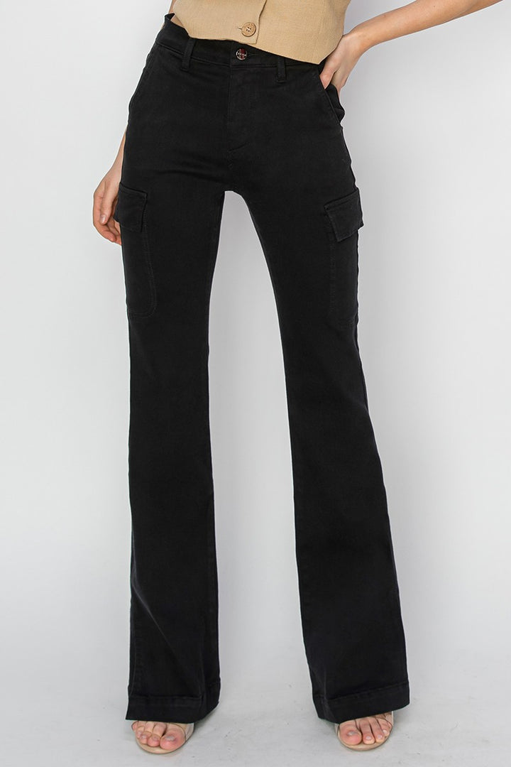 The Perfect Cargo Jeans By Risen - High Rise Cargo Slit Hem Bootcut Jeans - Black