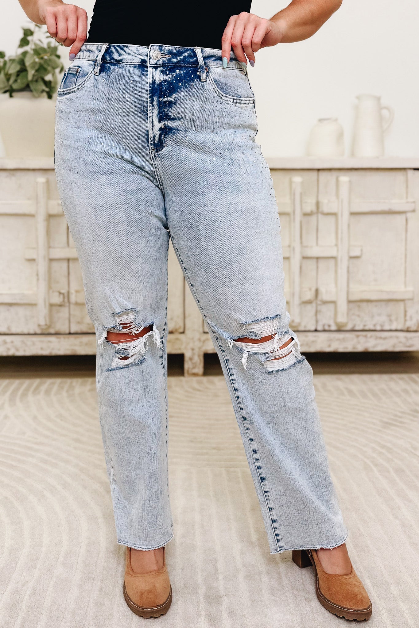 Shimmer Down Now By Mica - Mid Rise Distressed Embellished Jeans